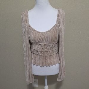 Astr Beige Textured Silky Long Sleeve Blouse, CropTop Style, Medium
